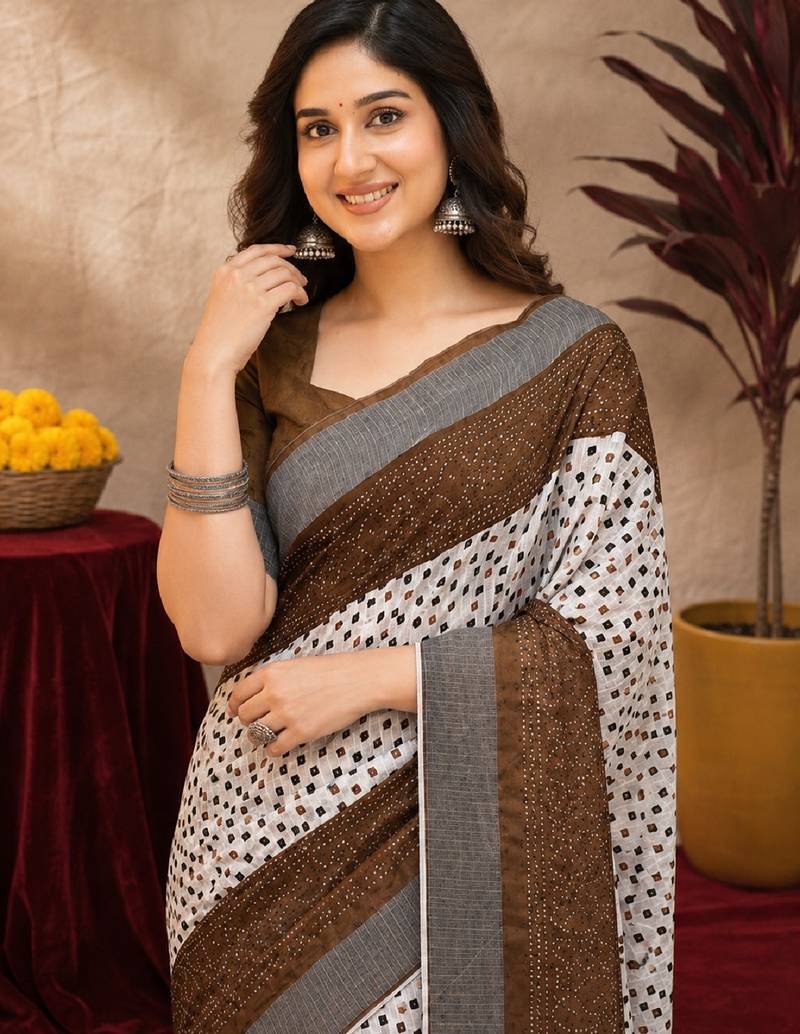 White brown  linen digital print work saree with unstitched blouse piece