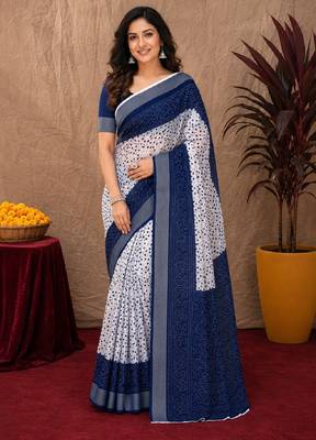 White blue linen digital print work saree with unstitched blouse piece 1