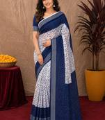 White blue linen digital print work saree with unstitched blouse piece