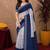 White blue linen digital print work saree with unstitched blouse piece