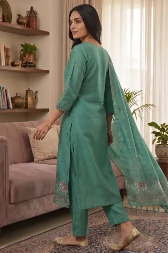 Teal jamdani pichwai weaving banarasi dress material (3pcs)