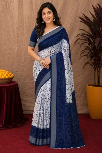 White blue linen digital print work saree with unstitched blouse piece