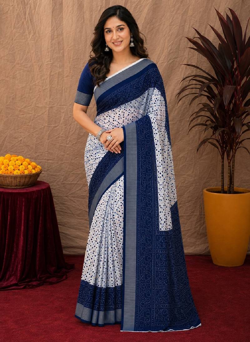 White blue linen digital print work saree with unstitched blouse piece