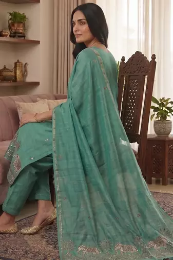 Teal jamdani pichwai weaving banarasi dress material (3pcs)