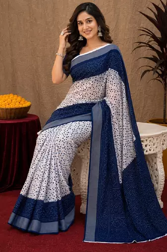 White blue linen digital print work saree with unstitched blouse piece