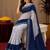White blue linen digital print work saree with unstitched blouse piece