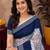 White blue linen digital print work saree with unstitched blouse piece