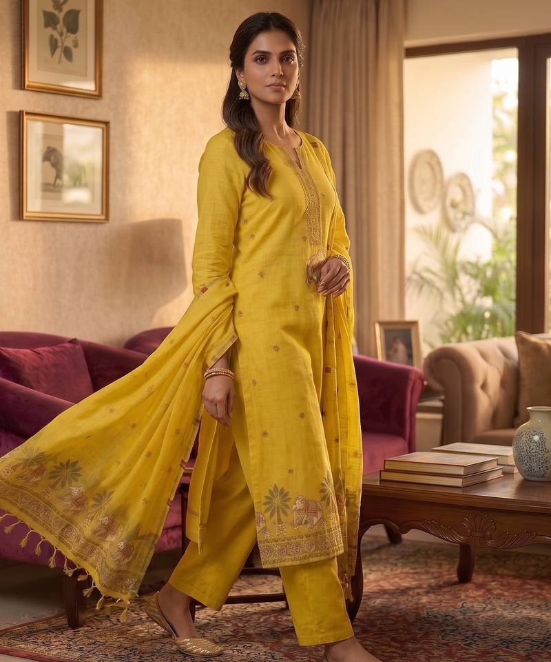 Yellow jamdani pichwai weaving banarasi dress material (3pcs)