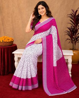 White pink linen digital print work saree with unstitched blouse piece 1