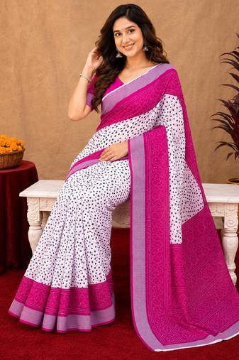 White pink linen digital print work saree with unstitched blouse piece