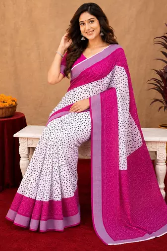 White pink linen digital print work saree with unstitched blouse piece