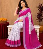 White pink linen digital print work saree with unstitched blouse piece