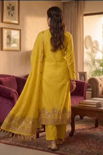 Yellow jamdani pichwai weaving banarasi dress material (3pcs)