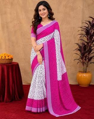 White pink linen digital print work saree with unstitched blouse piece 2