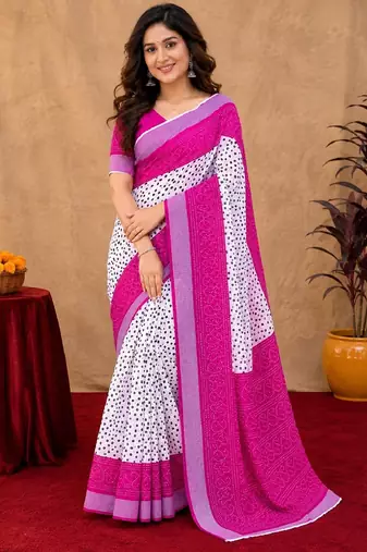 White pink linen digital print work saree with unstitched blouse piece