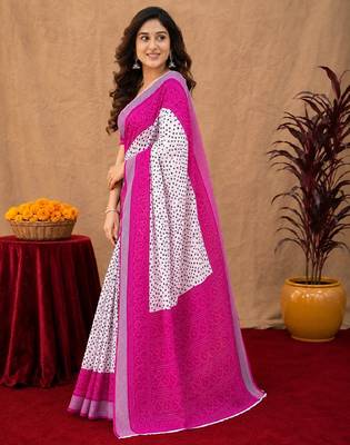 White pink linen digital print work saree with unstitched blouse piece 3
