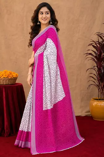 White pink linen digital print work saree with unstitched blouse piece