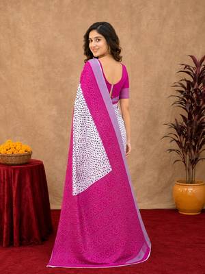 White pink linen digital print work saree with unstitched blouse piece 4