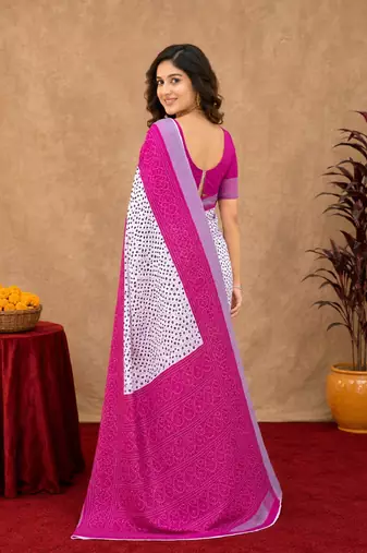 White pink linen digital print work saree with unstitched blouse piece