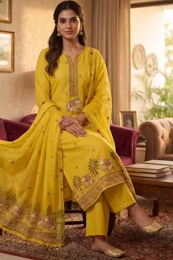 Yellow jamdani pichwai weaving banarasi dress material (3pcs)