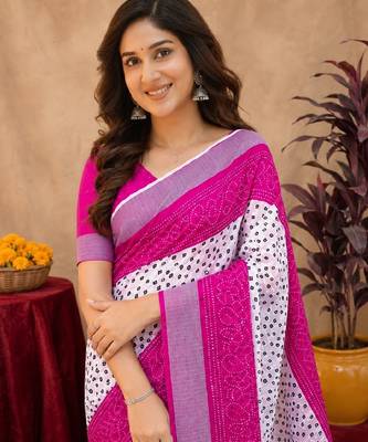 White pink linen digital print work saree with unstitched blouse piece 5