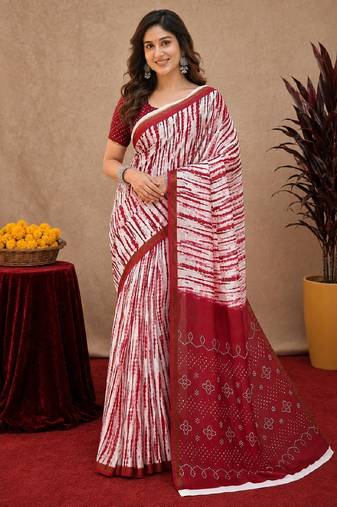 White red linen digital print work saree with unstitched blouse piece