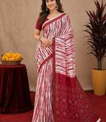 White red linen digital print work saree with unstitched blouse piece