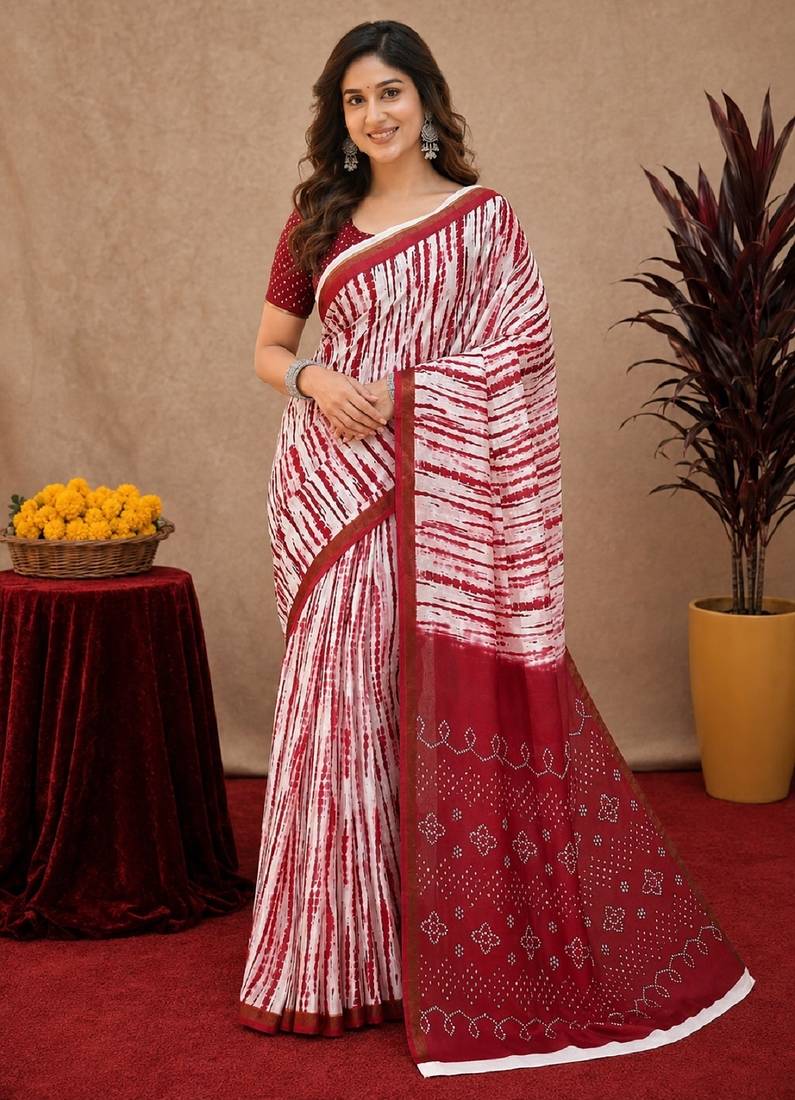 White red linen digital print work saree with unstitched blouse piece