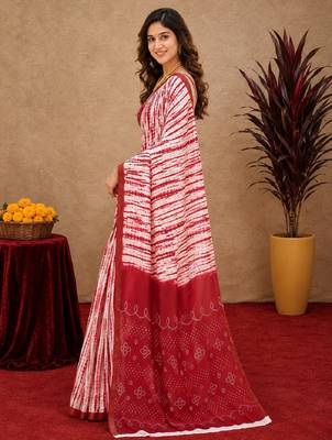 White red linen digital print work saree with unstitched blouse piece 2