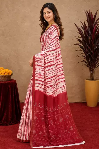White red linen digital print work saree with unstitched blouse piece