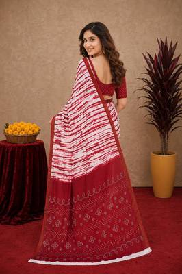 White red linen digital print work saree with unstitched blouse piece 3