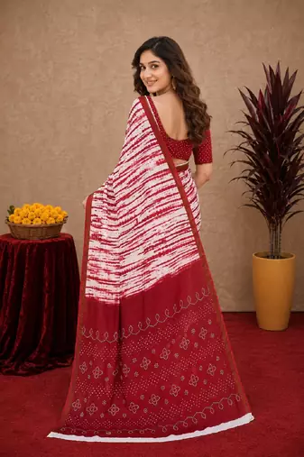 White red linen digital print work saree with unstitched blouse piece