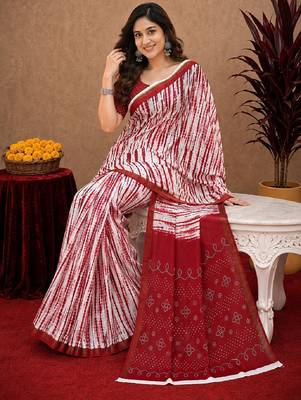 White red linen digital print work saree with unstitched blouse piece 4