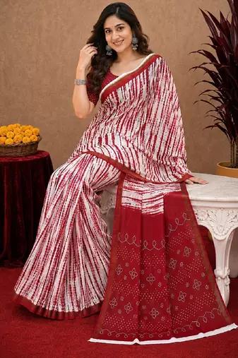 White red linen digital print work saree with unstitched blouse piece