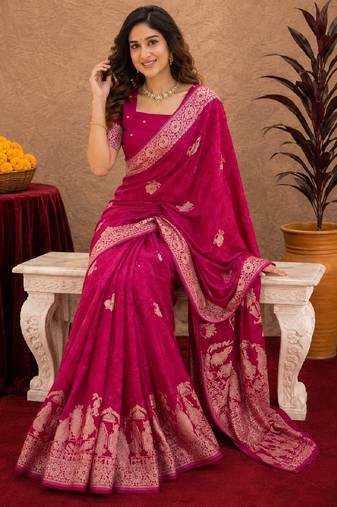 rani pink silk blend with jari weave work saree with unstitched blouse piece