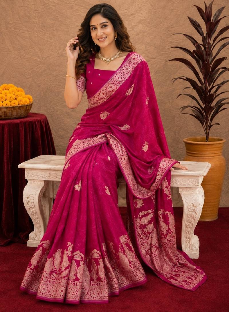 rani pink silk blend with jari weave work saree with unstitched blouse piece