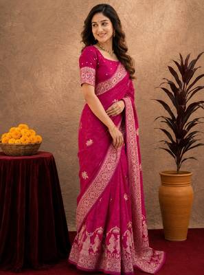 rani pink silk blend with jari weave work saree with unstitched blouse piece 2