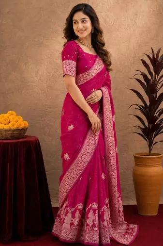 rani pink silk blend with jari weave work saree with unstitched blouse piece