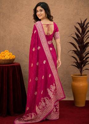 rani pink silk blend with jari weave work saree with unstitched blouse piece 3