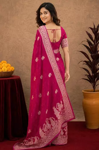 rani pink silk blend with jari weave work saree with unstitched blouse piece