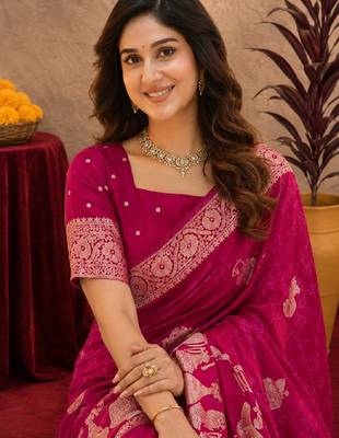 rani pink silk blend with jari weave work saree with unstitched blouse piece 4
