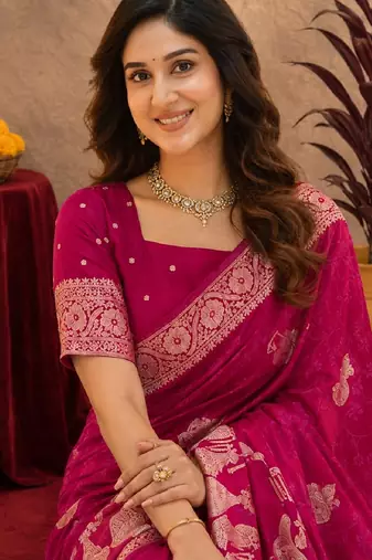 rani pink silk blend with jari weave work saree with unstitched blouse piece