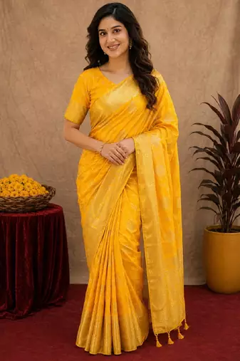 yellow silk blend with jari weave work saree with unstitched blouse piece