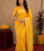 yellow silk blend with jari weave work saree with unstitched blouse piece