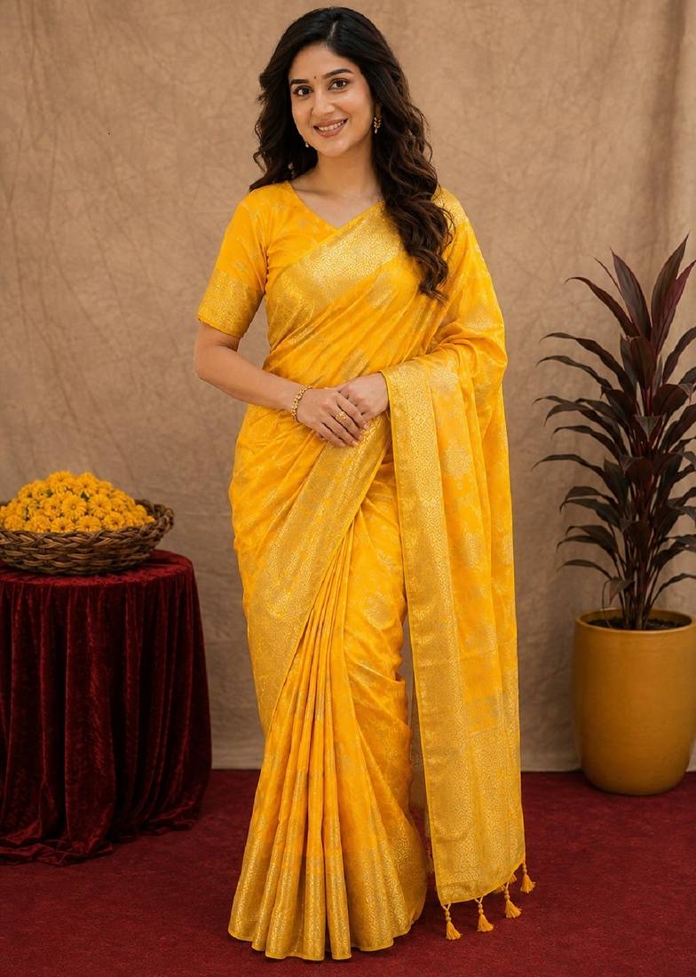 yellow silk blend with jari weave work saree with unstitched blouse piece