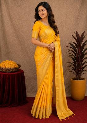 yellow silk blend with jari weave work saree with unstitched blouse piece 2