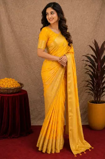 yellow silk blend with jari weave work saree with unstitched blouse piece