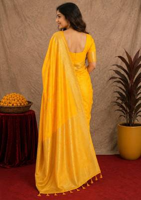 yellow silk blend with jari weave work saree with unstitched blouse piece 3
