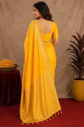 yellow silk blend with jari weave work saree with unstitched blouse piece