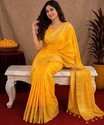 yellow silk blend with jari weave work saree with unstitched blouse piece 4